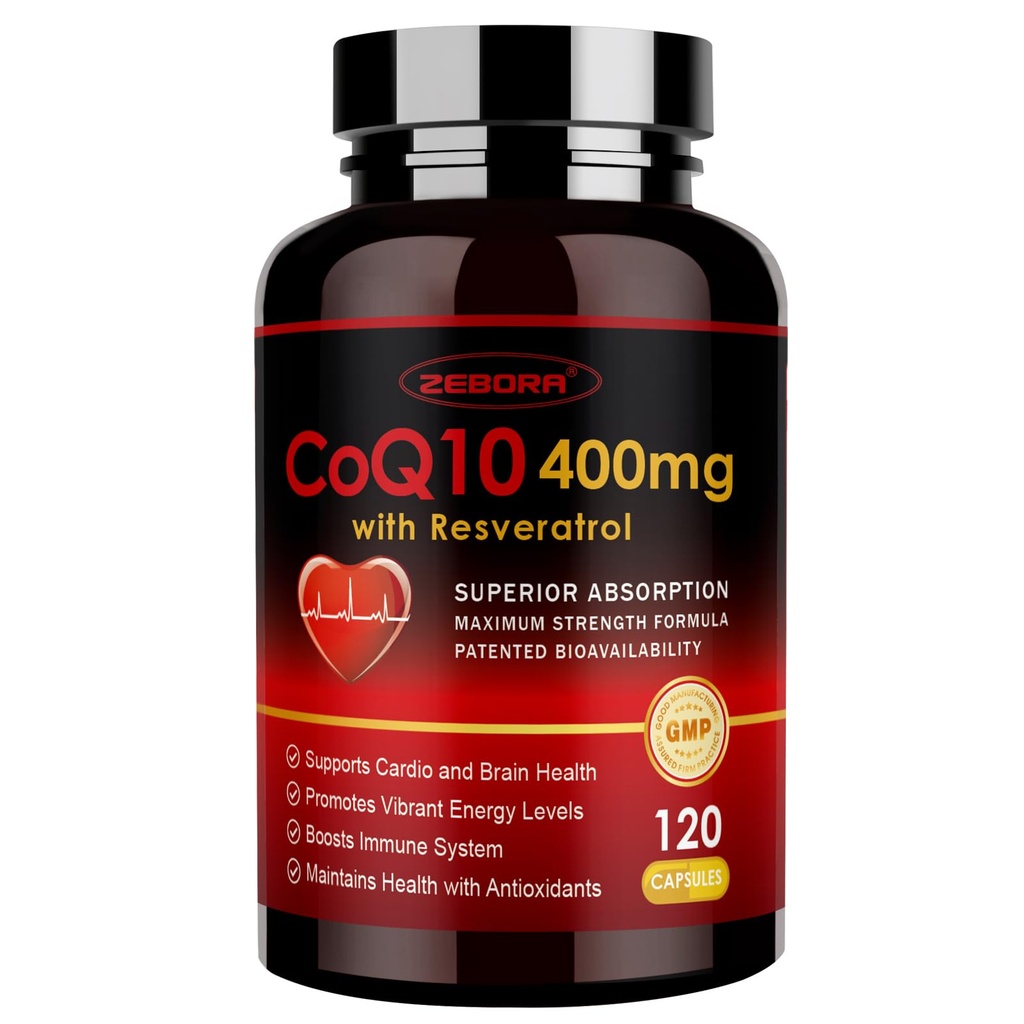 ZEBORA CoQ10-400mg with Trans-Resveratrol, PQQ & Vitamin E - High Absorption Coenzyme-Q10 with BioPerine - Powerful Antioxidant for Heart & Energy-Production,120 Veggie Capsules