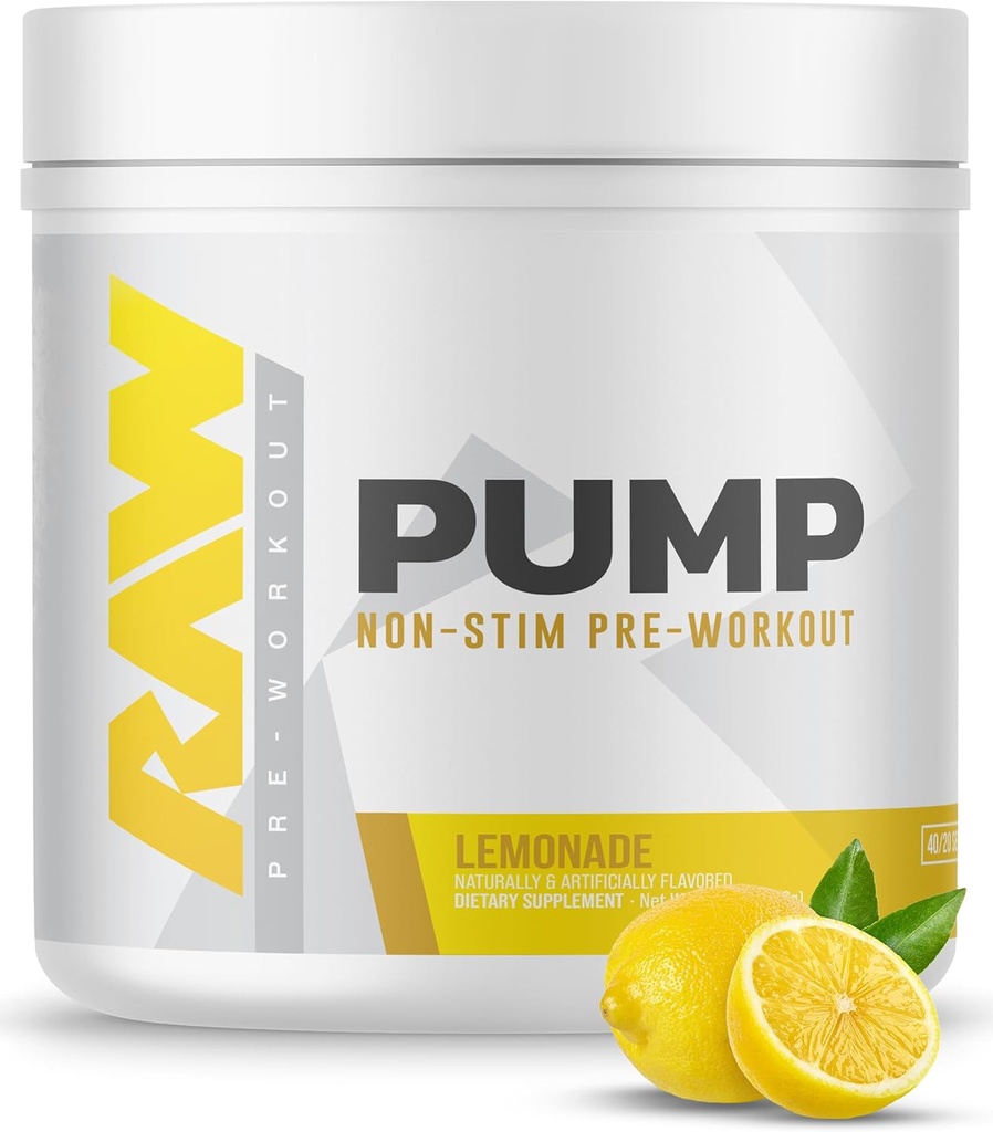 RAW Pump Stim Free Pre Workout (Lemonade) - Non-Stimulant Pre Workout Suplemento Powder Nitric Oxide Booster - Pre Workout Suplementos Beber durante el entrenamiento - 40 Servimientos