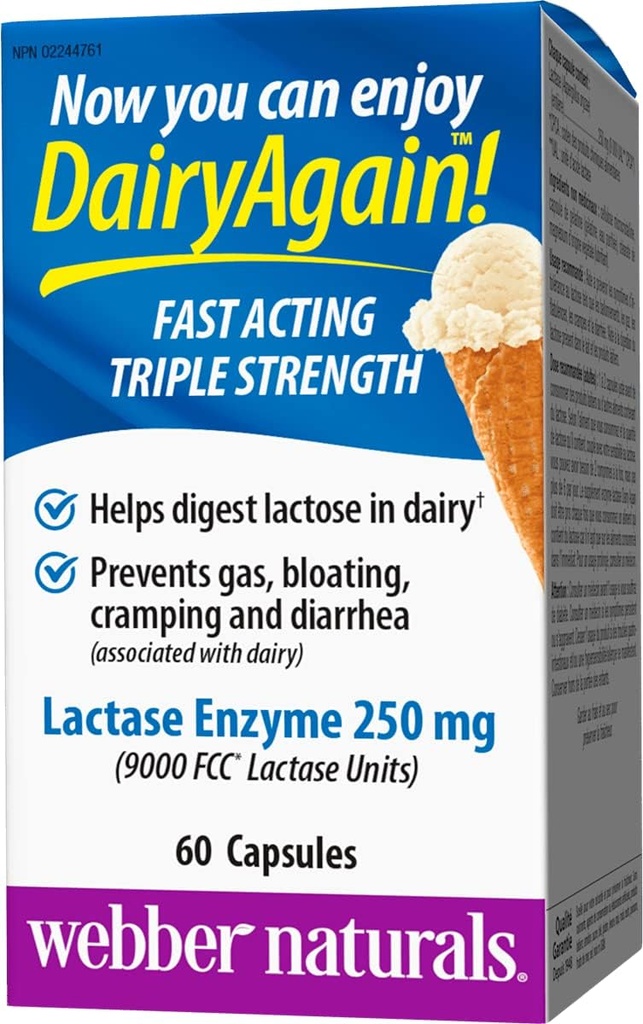 Webber Naturals Dairy De nuevo 250mg Lactase Enzyme Triple Fuerza, 60 cápsulas