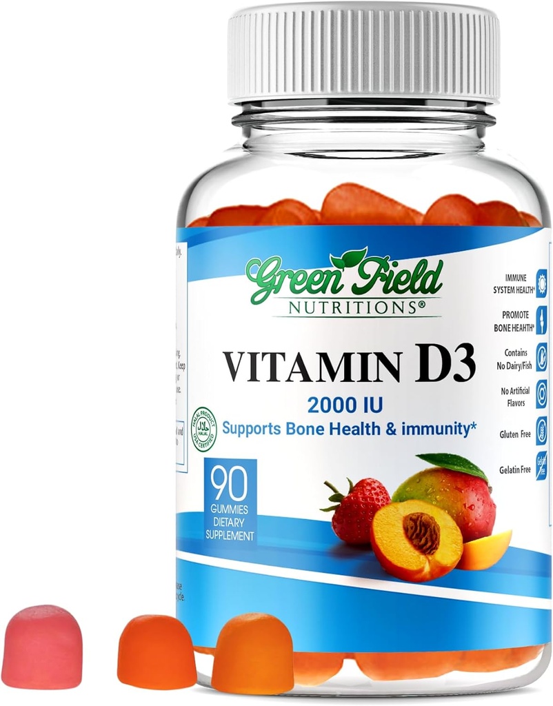 Greenfield Nutritions Halal Vitamin D3 Gummies for Adults - 2000 IU (50 mcg), 90 Gummy Halal Vitaminas - No GMO Gluten Gelatin Free Vegetarian Halal Vitamina D - Soporta Bone Heart & Immune Health