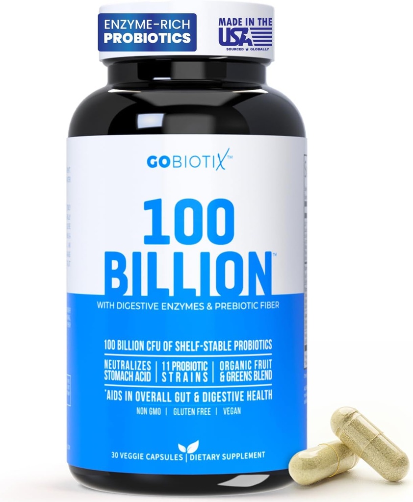 GOBIOTIX 100 millones - Suplemento de Enzimas Digestivos - Probióticos Multivitamina - Prebiótico Fiber Blend - 100 Billion CFU - Frutas Ecológicas y Verdes Blend - Vegan, No GMO - 30 cápsulas