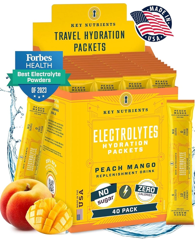 KEY NUTRIENTS Multivitamin Electrolytes Powder Packets - Tropical Peach Mango Post Workout and Recovery 40 Pack Hydration Packets - Sin azúcar, sin calorías - Travel Hydration Powder