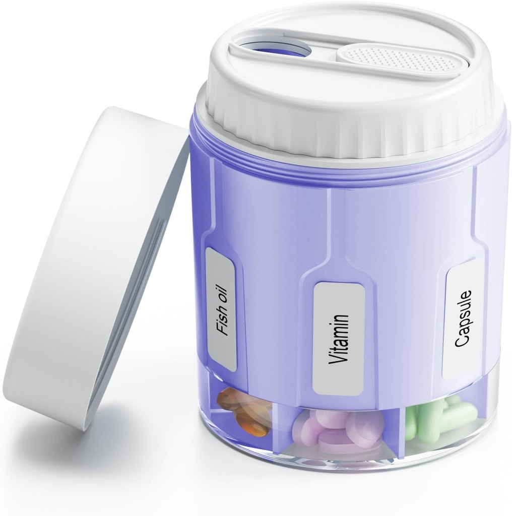Organizador de botellas Daviky, organizador de suplementos con 7 grandes componentes, dispensador de pilas de viaje caja redonda con dos tapas (Purple)