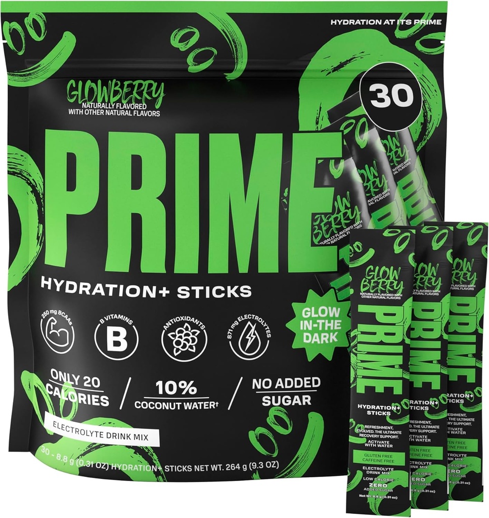 PRIME HYDRATION+ Sticks GLOWBERRY ← Hydration Powder Single Serve Sticks ← Electrolyte Powder On The Go TEN Low Sugar TEN Caffeine-Free TEN Vegan TEN 30 Sticks