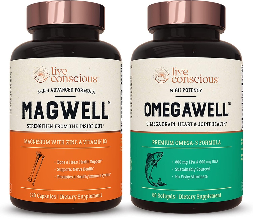 Conscious OmegaWell Fish Oil &amp; MagWell Magnesium Zinc &amp; Vitamina D3  durable Bone & Heart Health, Immune System Support + Heart, Brain &amp; Joint Support
