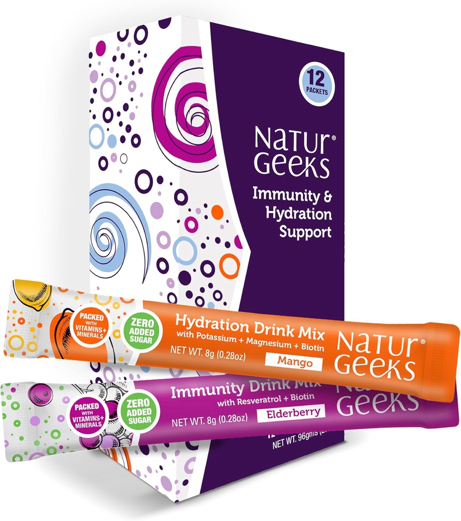 NutraGeeks Electrolitos Vegan Packets de Polvo – Electrolitos sin azúcar para la hidratación instantánea – Polvo hidratante con sabores de mango de Elderberry – Sin azúcar, 12 Servimientos