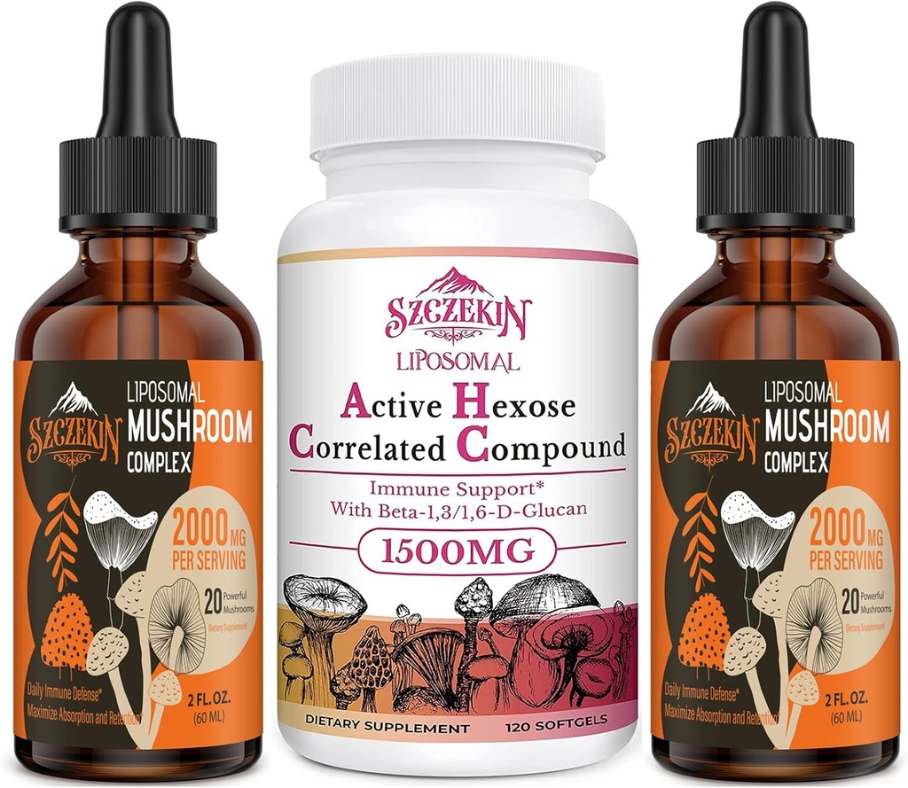 1500 MG Liposomal Active Hexose Correlated Suplemento 120 Soft Gels Bundle with 2000 MG Liposomal Mushroom Complex Drops 60 Servings