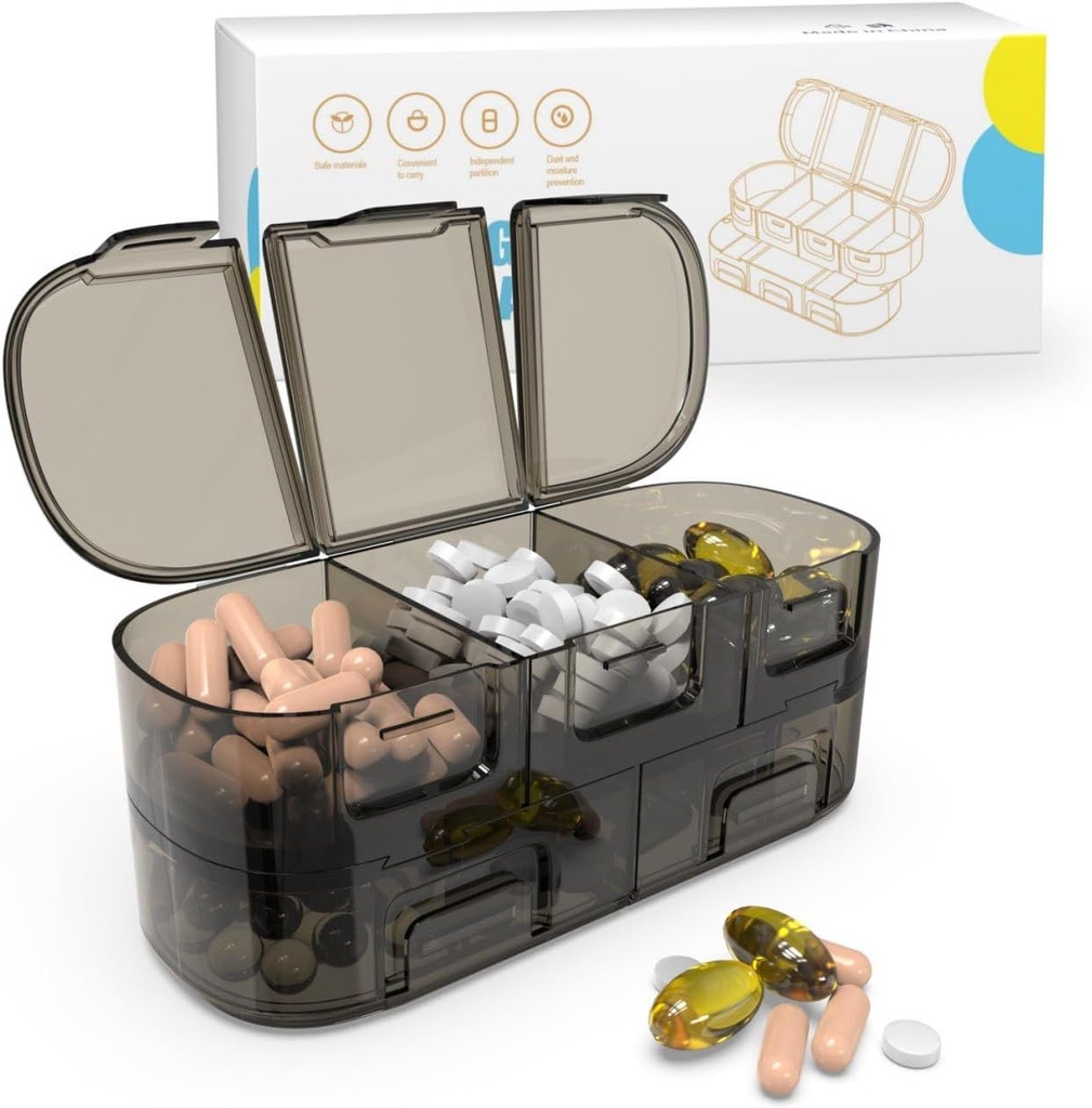 BEXEEN Organizador portátil de 7 días - Caja de 12 Compartimientos con Alarma, Bolsa de viaje, Cierre, Cadena de llaves, Timer, Cutter