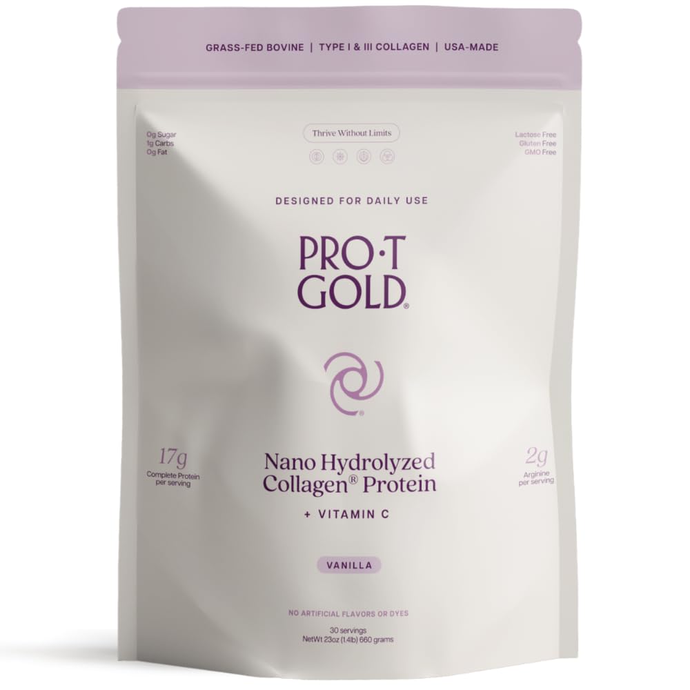 ProT Gold Collagen Protein Powder, 17g Protein Nano-Hydrolyzed Grass Fed Collagen, Vitamina C, 2g Arginine for Wound Support, Gluten Free, All Natural, Fat and Sugar Free, 0g Carbs, Vanilla, 23 oz, 30