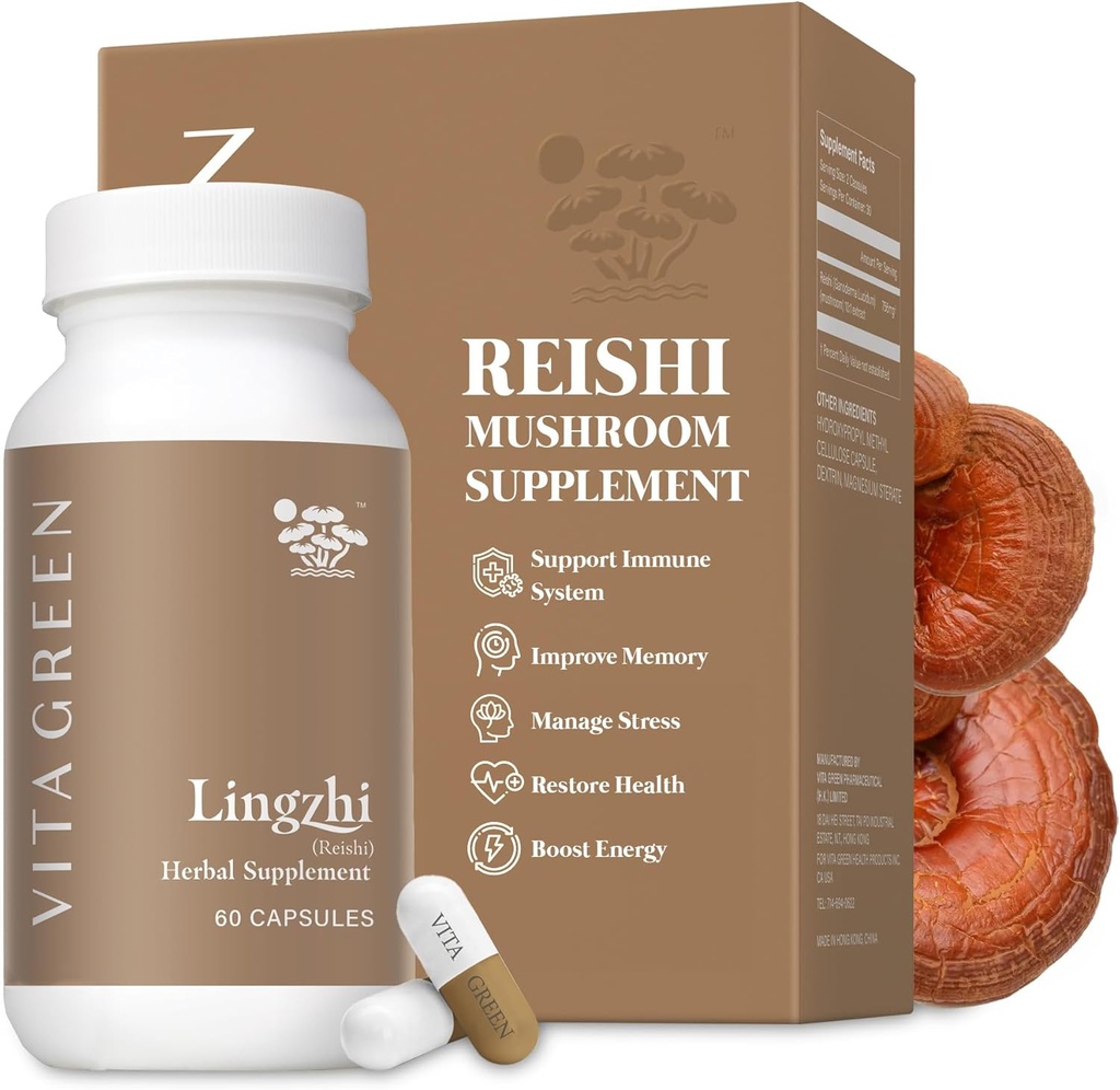 Vita Green Lingzhi Mushroom Supplement - Immune Support & Natural Energy Capsules - Red Reishi Mushroom Powder - Pure 5 Defenders Blend - 60 cápsulas
