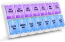Sukuos AM PM Organizador semanal de 7 días, 2 veces una caja de píldoras de día con artritis botón de empuje amigable, Casos de medicina para aceite/suplementos de vitamina/Fish, fácil de limpiar (Purple ventaja azul)