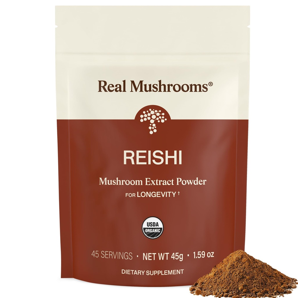 Real Mushrooms Reishi Mushroom Powder - Extractos de setas orgánicas manipulados - Reishi rojo para el bienestar diario del calabozo con Glucans de beta verificado vegano, no GMO, sin rellenos de grano, 45 Servimientos