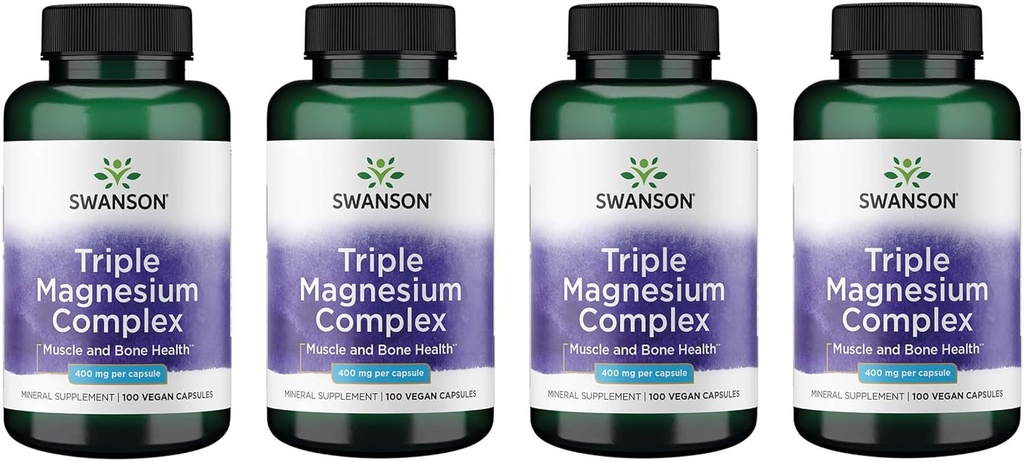 Complejo de magnesio triple de Swanson - Suplemento mineral - Soporte Natural - Destacando Citrate, Oxide & Aspartate - (100 cápsulas, 400 mg cada uno, 4 paquete)
