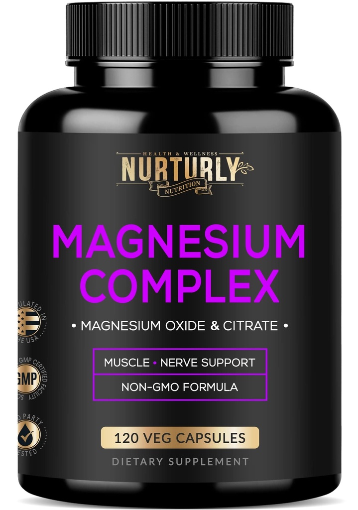 Citrato de magnesio " óxido 500mg Suplemento Complejo - Alta Absorción Máxima Fuerza - Ayuda a apoyar la densidad y fuerza del hueso, músculos, energía y sueño - 120 cápsulas veganos