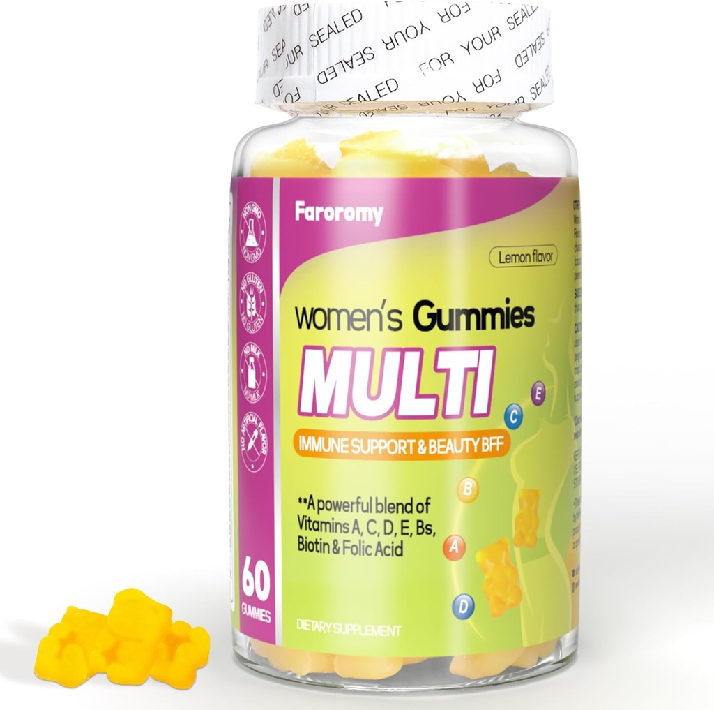 Multivitamina para las mujeres Gummies Vitaminas con sabor a limón Multivitamina diaria con vitaminas A, C, D, E, B6 y B12, fuente de 30 días, 60 cuenta
