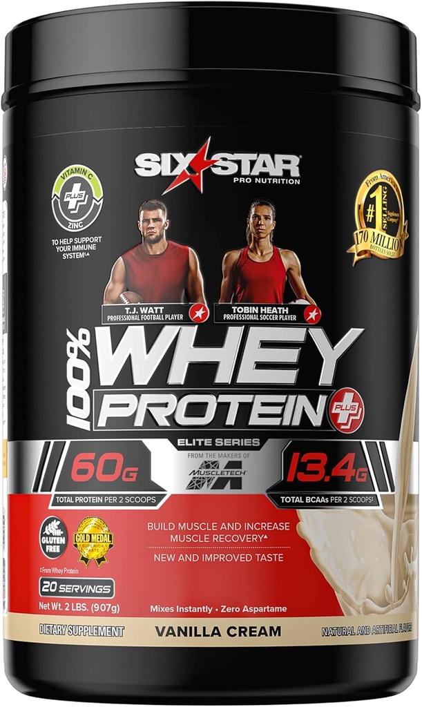Whey Protein Powder + Immune Support ← Six Star Whey Protein Plus ← Whey Protein Isolate & Peptides + Muscle Builder  Lean Protein Powder for Muscle Gain & Recovery Silencio Vanilla, 2 libras