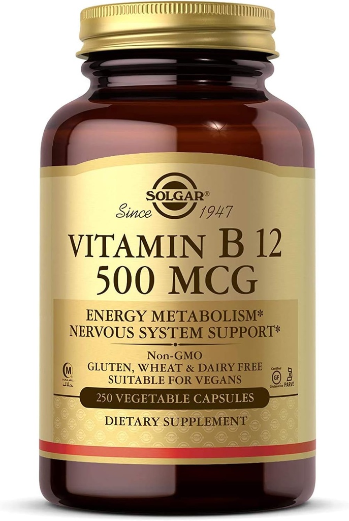 Solgar Vitamina B12 500 mcg, 250 cápsulas vegetales - Metabolismo energético - Soporte del sistema nervioso - promueve la salud del corazón - no GMO, Vegan, Gluten Gratis, Dairy Free, Kosher, Halal - 250 Actuaciones