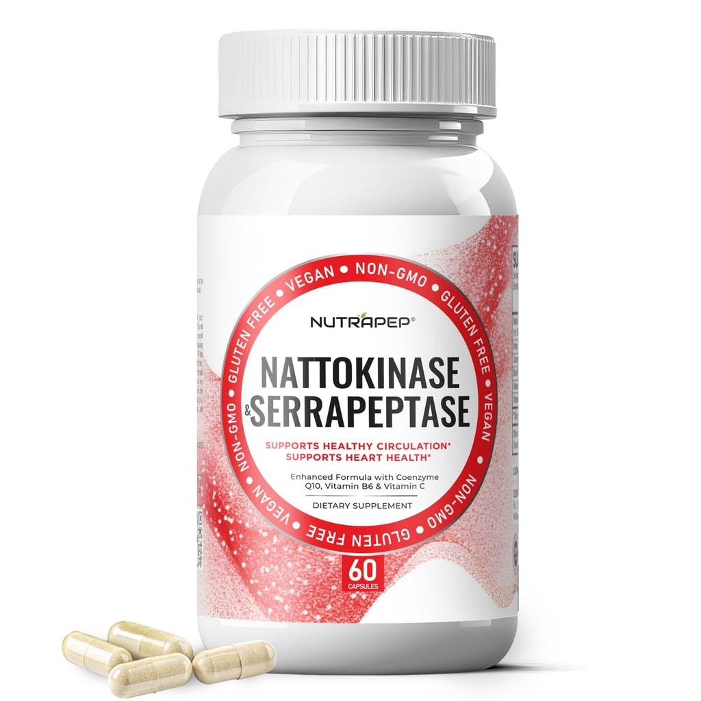Nattokinase 2000 FU Serrapeptase 240000 SPU Suplemento - Mejorado con Coenzyme CoQ10 Vitamina B6 Vitamina C Black Pepper Extracto - Nattokinase 400mg cápsula para hombres mujeres