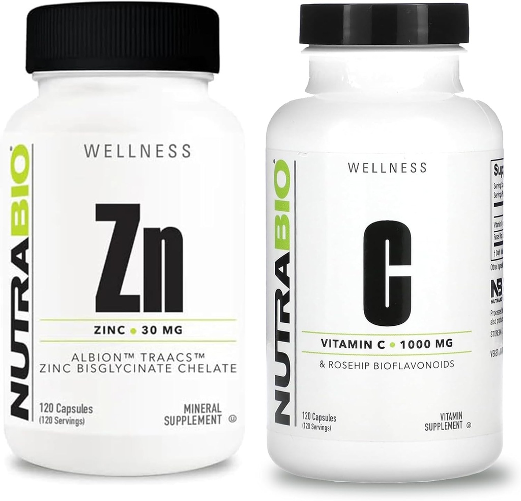NutraBio Zinc Chelate y Vitamina C con Rose HIPS Suplemento Bundle - Vitamina Suplemento Bundle mayo Ayuda con Antioxidante y Apoyo Inmunitario, y Salud y Bienestar Global