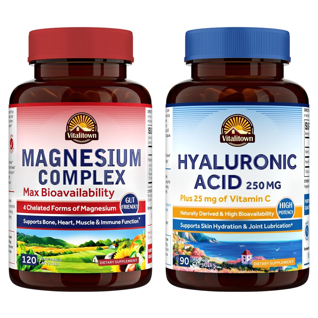 Vitalitown Magnesium + Hyaluronic Acid Bundle eterna Magnesium Complex (Item 1) & Hyaluronic Acid Plus Vitamin C (Item 2) tención 120 Magnesium Capsules &amp; 90 Hyaluronic Acid Capsules