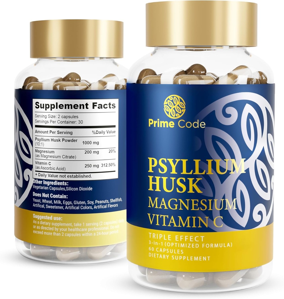 Primer Código [ 3] 1] Psyllium Husk Capsules con Citrate de Magnesio y Vitamina C TENIDO Psyllium Husk Capsules 1000mg ANTE Magnesium Citrate 200mg ANTE Vitamina C 250mg Silencio No Gluten & Soy Free ← Vegan