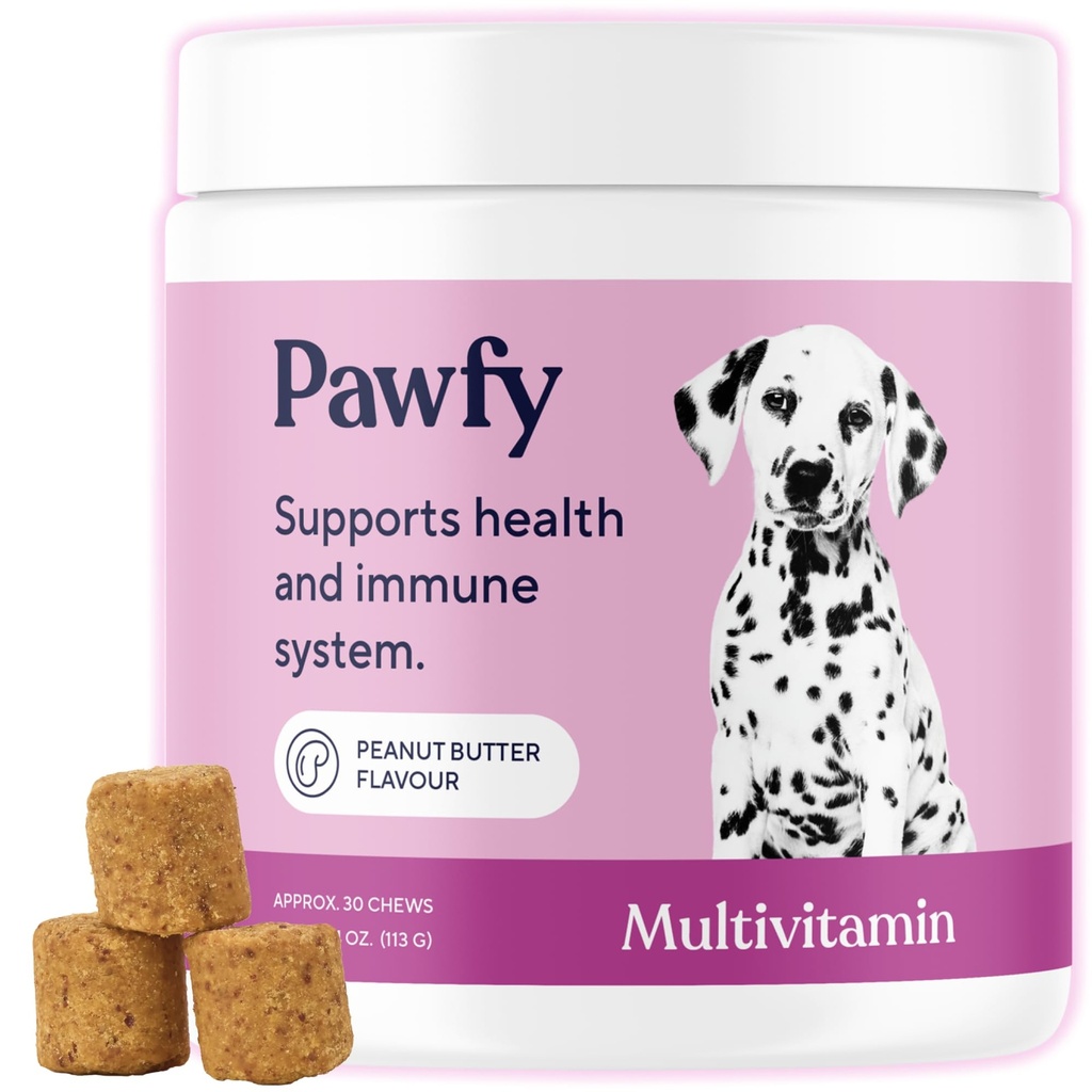 Pawfy Dog Multivitamins 15 en 1 Silencio Dog Vitamins for Skin & Coat - Supports General Wellness ← Advanced Senior Dog Supplements from Occasional Itching ← Puppy Tasty Vitamin C Chews - 30 Conde