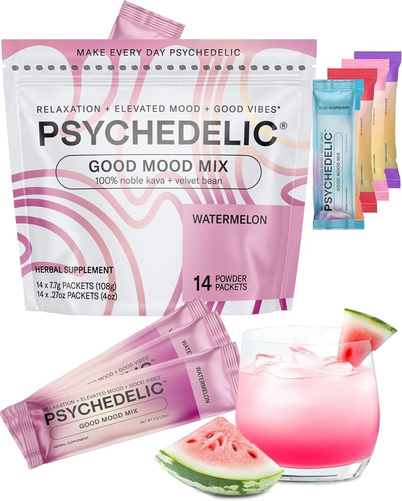 Buena mezcla de humor - sandía - Packets de Polvo - Mezcla de Bebida de Kava - Fácil de abrir - Sabored Kava Powder - Mucuna Pruriens - Stevia - Mocktails no alcohólico Adaptógeno - 14 Stick