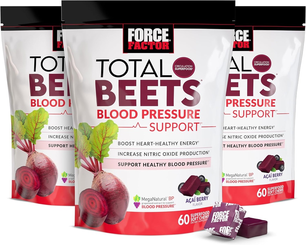 Factor de fuerza Total Beets Presión de la sangre Suplemento con Beets Powder, Chewables de gran calidad para la energía sana del corazón, y aumento del óxido nítrico, 180 Chews, 3-Pack