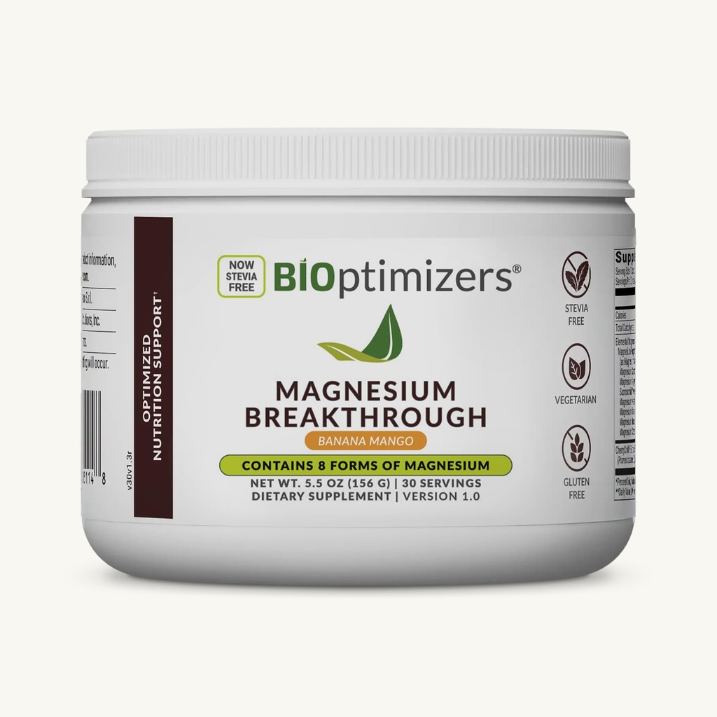 BIOptimizers Magnesium Breakthrough Drink - 8 Forms of Magnesium, Electrolytes, Sleep Health, Stress, Muscle Recovery, Heart Support ← Glycinate, Citrate, Malate- Banana Mango