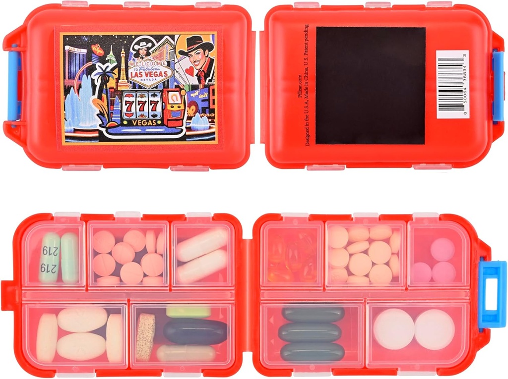 Las Vegas Fridge Magnet de Pillzar – Travel-Friendly Pill Box & Organizer with 10 Compartments, Holds Up to 50 Pills, Souvenir Gift, Collectible Magnetic Pill Case, 3.8” x 2.6”