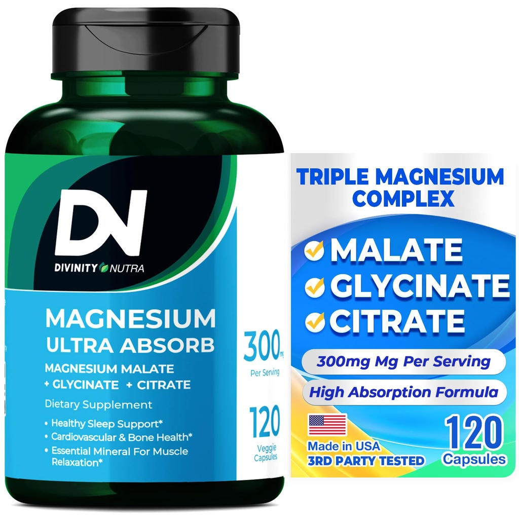 Divinity Nutra Triple Magnesium Complex Supplement,300mg of Magnesium Glycinate, Malate " Citrate for Muscles, Nerves, " Energy, High Absorption, 120 Vegan Capsules,Non-GMO USA Made