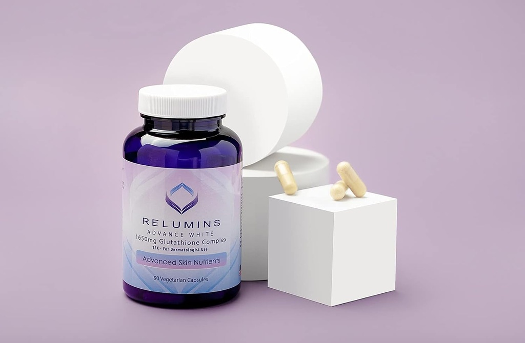Pack of 2 Relumins Advance White 1650mg Glutathione Complex - 15x Dermatologic Formula with Advanced Skin Nutrients- 2 Botellas, 90 cápsulas Cada, 180 cápsulas totales