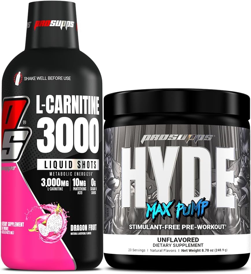 PROSUPPS L-Carnitine 3000 Stimulant Free Liquid Shots (31 Servings, Dragon Fruit) y Hyde Max Pump Pre Workout for Men and Women (20 Servings, Unflavored) Bundle