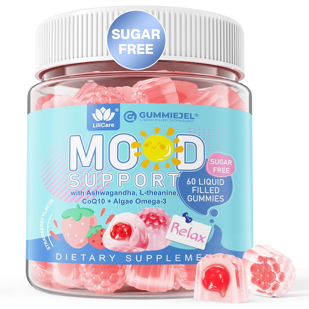 Ashwagandha Saffron Calm Gummies + Omega 3, L-Theanine &amp; CoQ10 para Hombres, Natural Calming Happy Relax Gummies para Adultos, Mood Support Gummy, Strawberry Flavor, Sugar Gratis, Vegan, 60ct