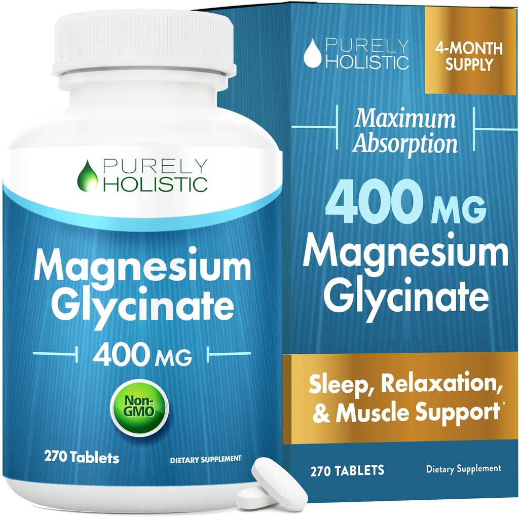 Magnesio Glycinate 400mg - 270 Tabletas de Magnesio (no capsules) - 400 mg Magnesio Elemental - Altamente Biodisponible - Vegan y Vegetariano - para el sueño mejorado, alivio de estrés &amp; Defensa del cáñamo