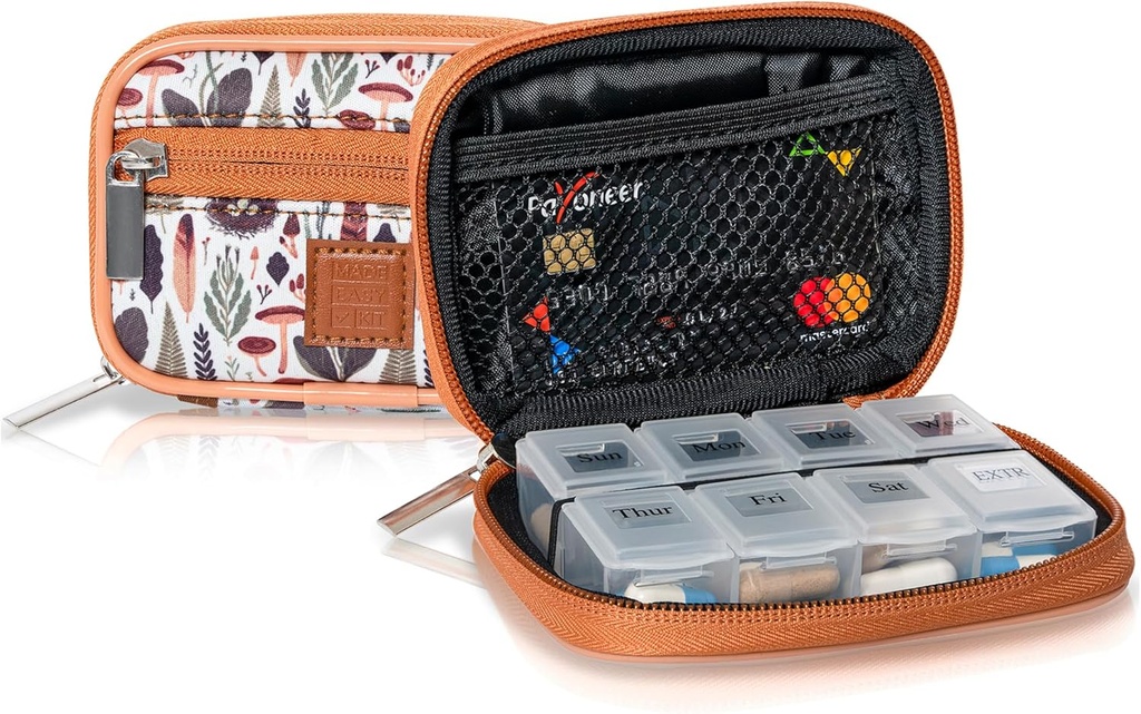 Hecho fácil Caja de píldoras Kit - Organizador semanal de medicina con caja de suplemento de vitamina de siete días extraíble (Light Brown Woods)