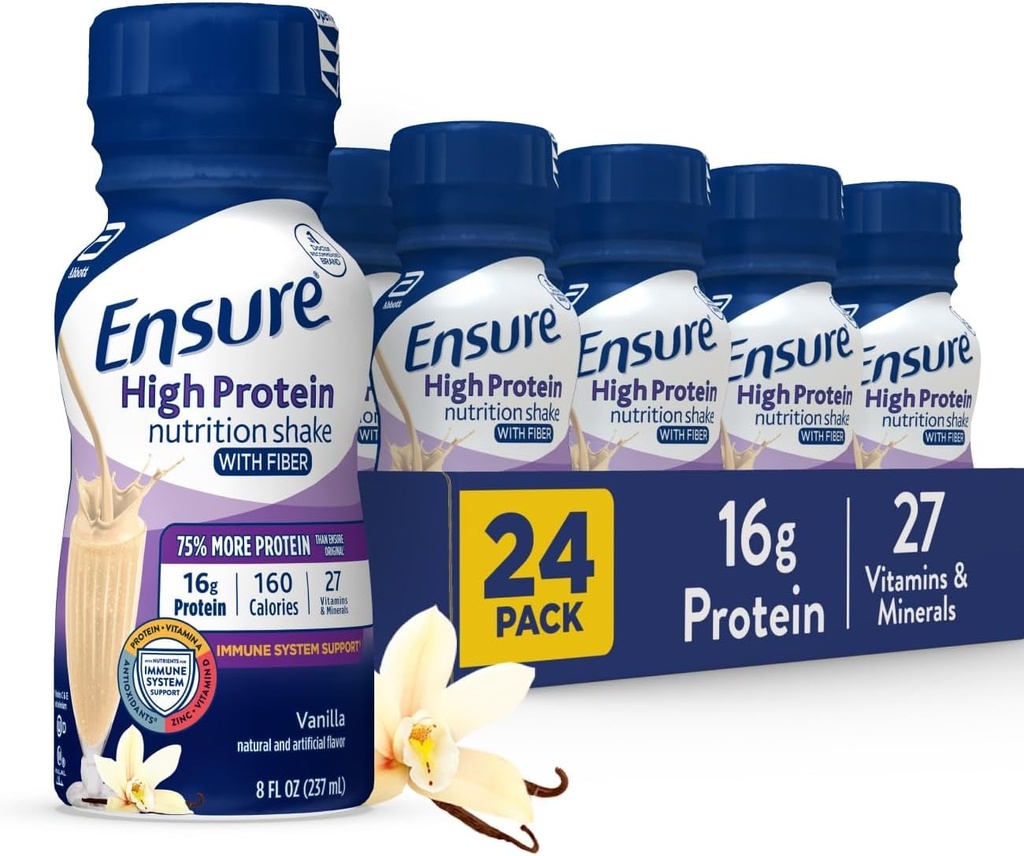 Asegurar el afeitado de nutrición de vainilla de alta proteína con fibra, listo para beber, 16g Proteína y 27 vitaminas y minerales, 8 fl oz, 24 Pack