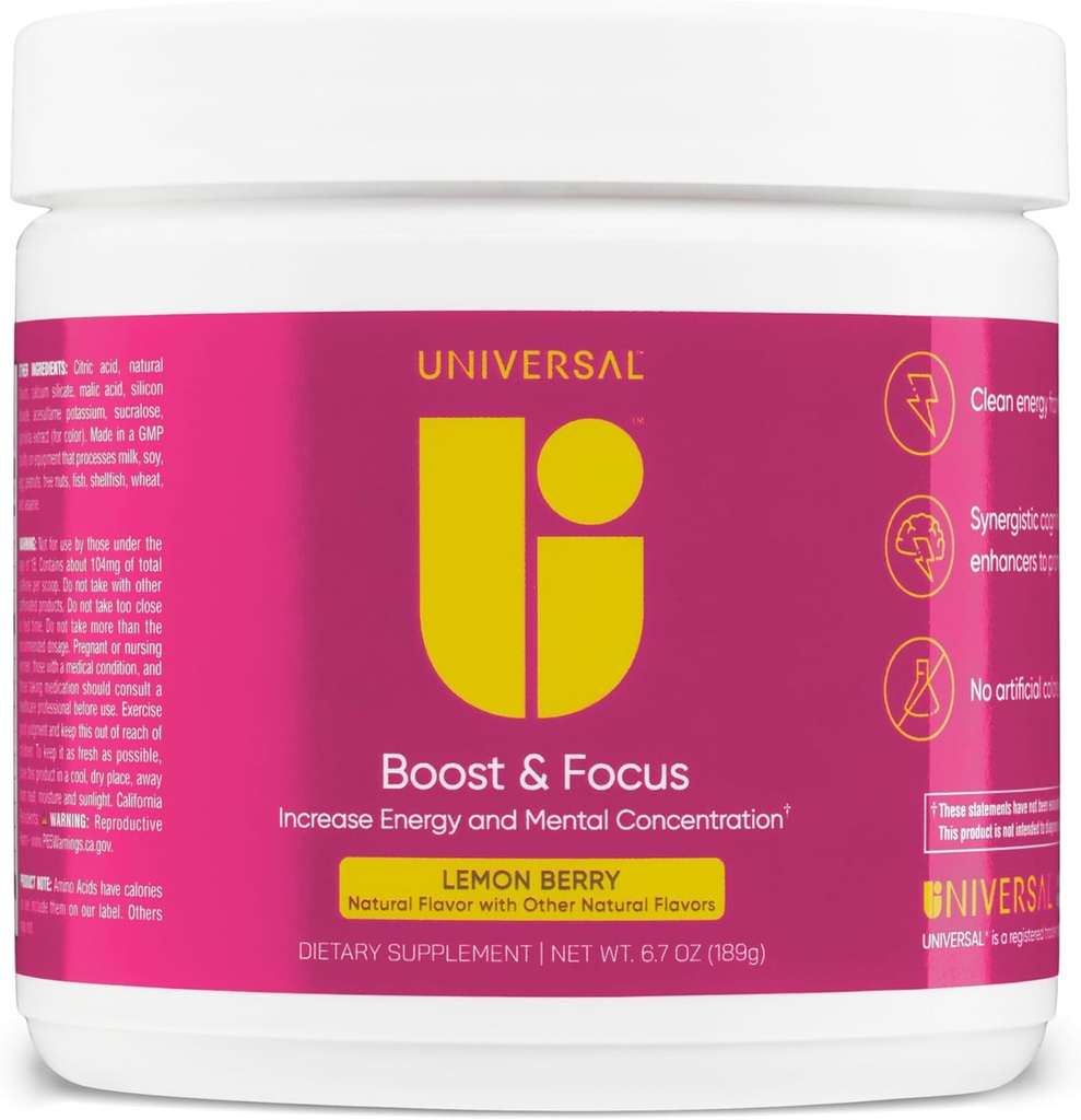 Universal U Boost " Focus Powder, Increase Energy and Cognitive Performance, Pre Workout, Custom Dosing, VIT B12, Niacin, Choline, L-Tyrosine, No Artificial Flavors, 30 Servings (Lemon Berry)
