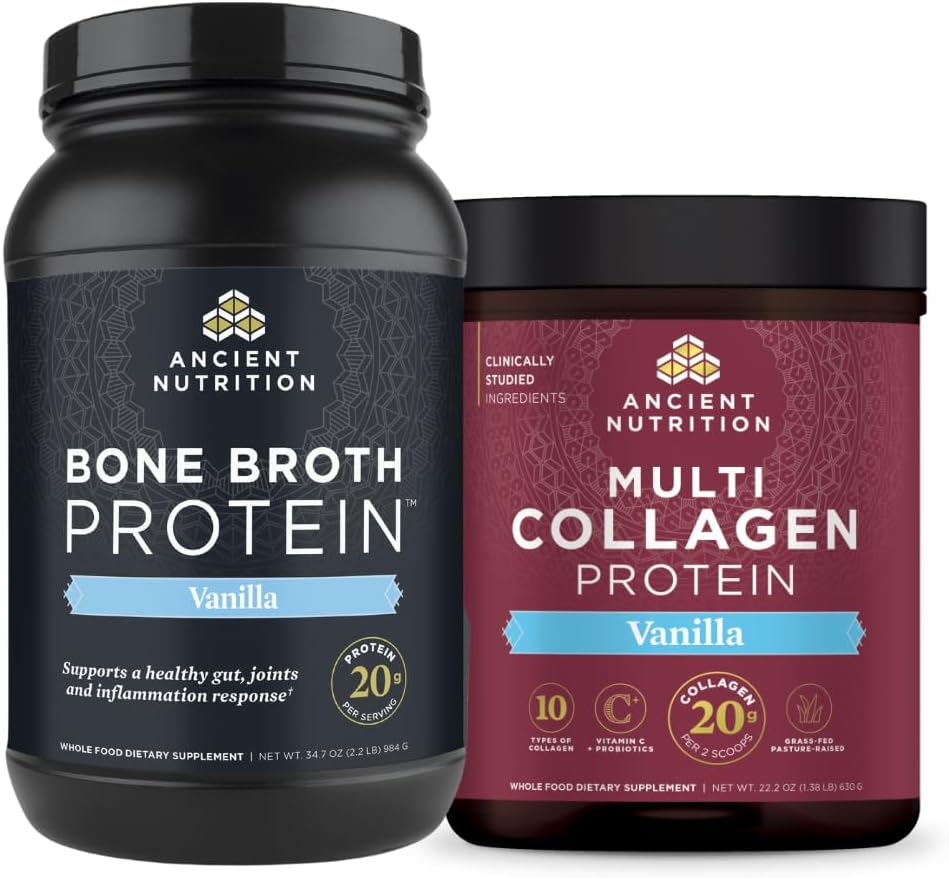 Antigua Nutrición Bono Broth Protein Powder, Vainilla, 40 Servidores + Multi Collagen Protein Powder, Vainilla, 60 Servimientos