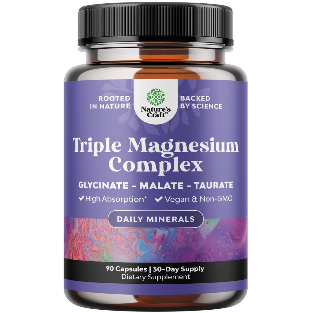 Triple Magnesio Complejo Suplemento Elemental - Alta Absorción Magnesio Taurate y Glycinate Plus Malate Blend for Sleep Muscle Bone Mood and More - Non GMO Vegan 90CT