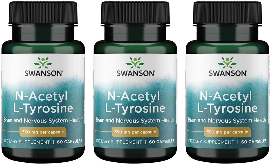 Swanson N-Acetyl L-Tyrosine - Suplemento de Aminoácidos Apoyo a la salud cerebral general " Función central del sistema nervioso - promueve la salud cognitiva de mood " - (60 cápsulas, 350 mg cada uno) 3 Pack