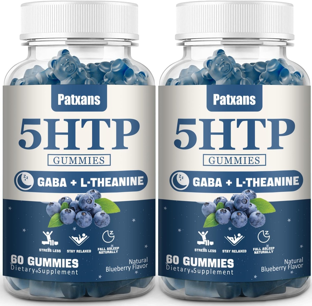 2Packs 300MG 5HTP GABA Suplemento de sueño Gummies, Melatonin-Free, Contiene 200 MG L-Theanine, Suplemento de sueño, Omega 3-6-9 para Zzzs naturales, 120 Condes, Blueberry Flavor