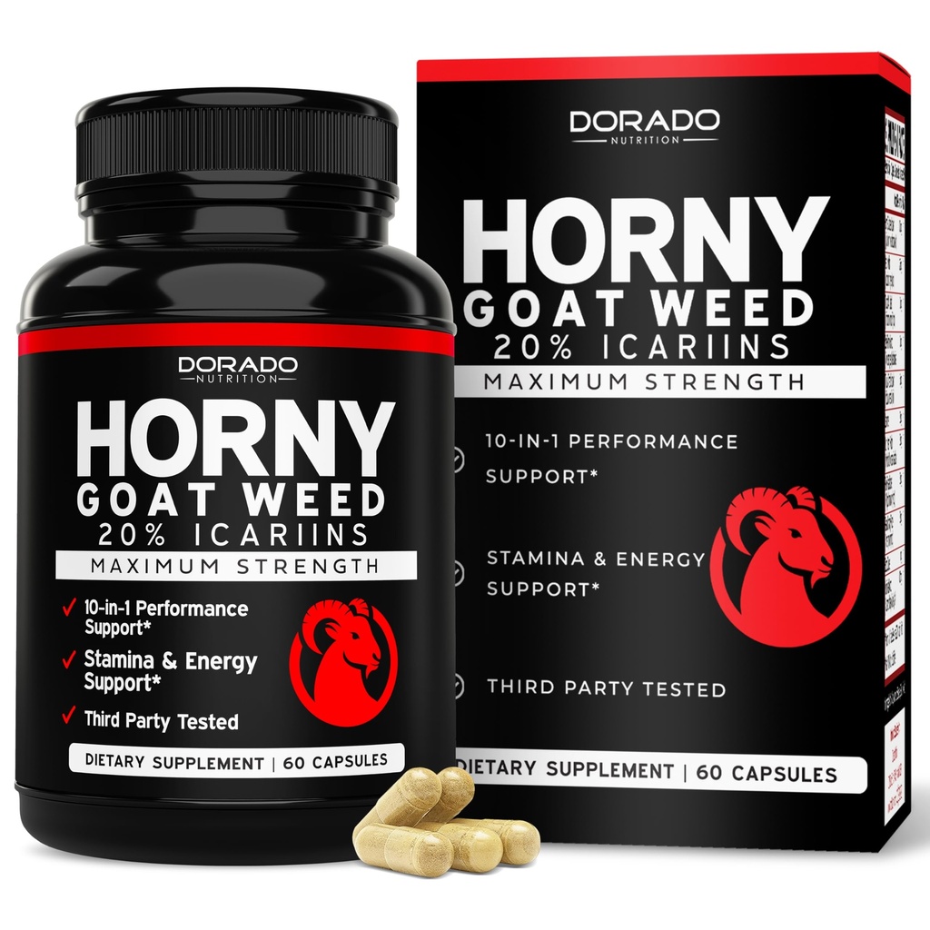 Horny Goat Weed for Hombre and Women - [20% Icariins Max Strength] - resistencia, resistencia, circulación, apoyo conjunto - Maca Root, Ginseng, Yohimbine, Tribulus, L-Arginine - USA Made - 60 Conde
