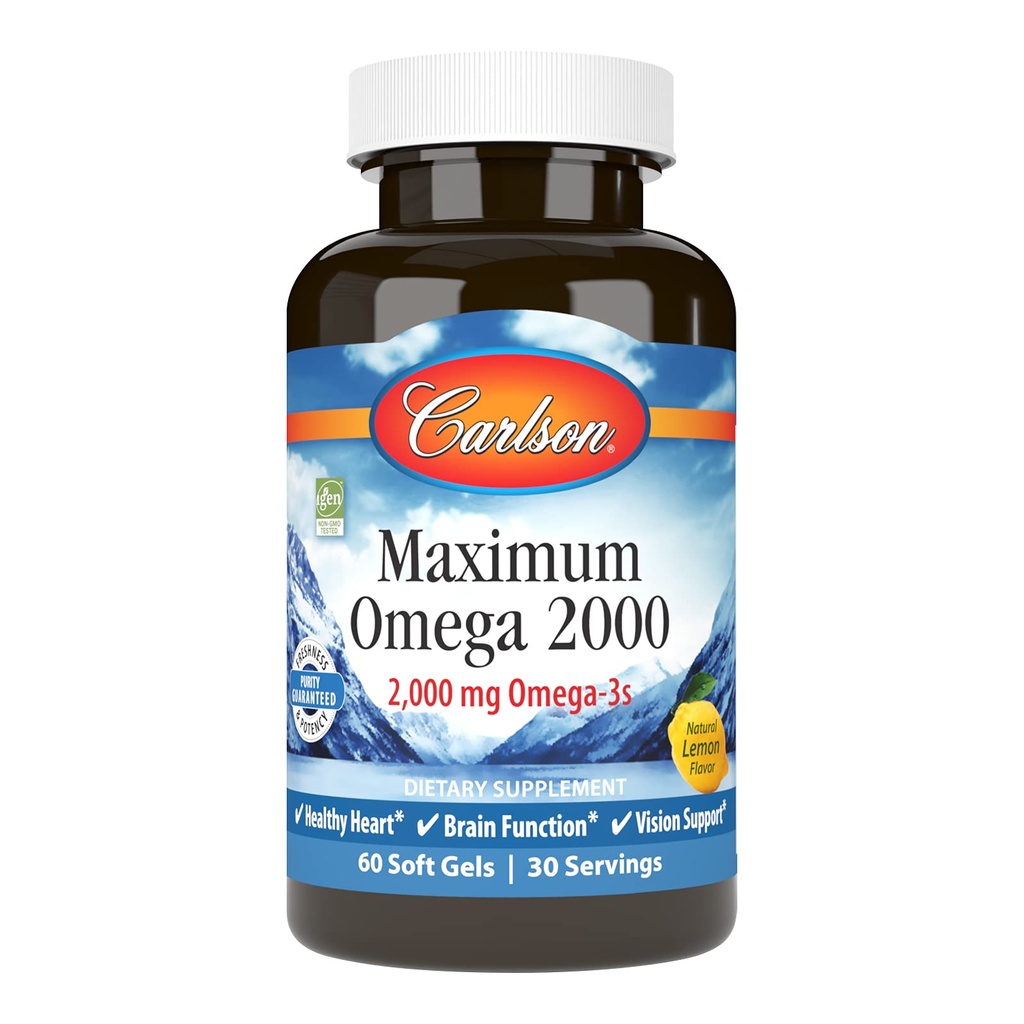 Carlson - Maximum Omega 2000, 2000 mg Omega-3 Ácidos grasos incluyendo EPA y DHA, Wild-Caught, Norwegian Fish Oil Supplement, Sustentably Sourced Fish Oil Capsules, Lemon, 60 Softgels