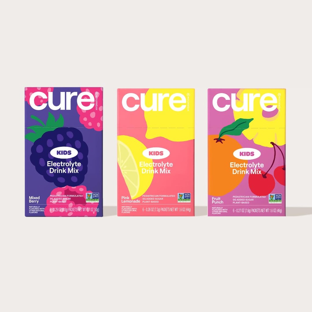 Hidratación Cure - Kids Electrolyte Drink Mix Silencioso Pediatra Fórmulada Polvo de Rehidratación No Añadido Sugar, Non-GMO, Gluten-Free ← Rosa Lemonade, Berry mixed, Fruit Punch - Bundle