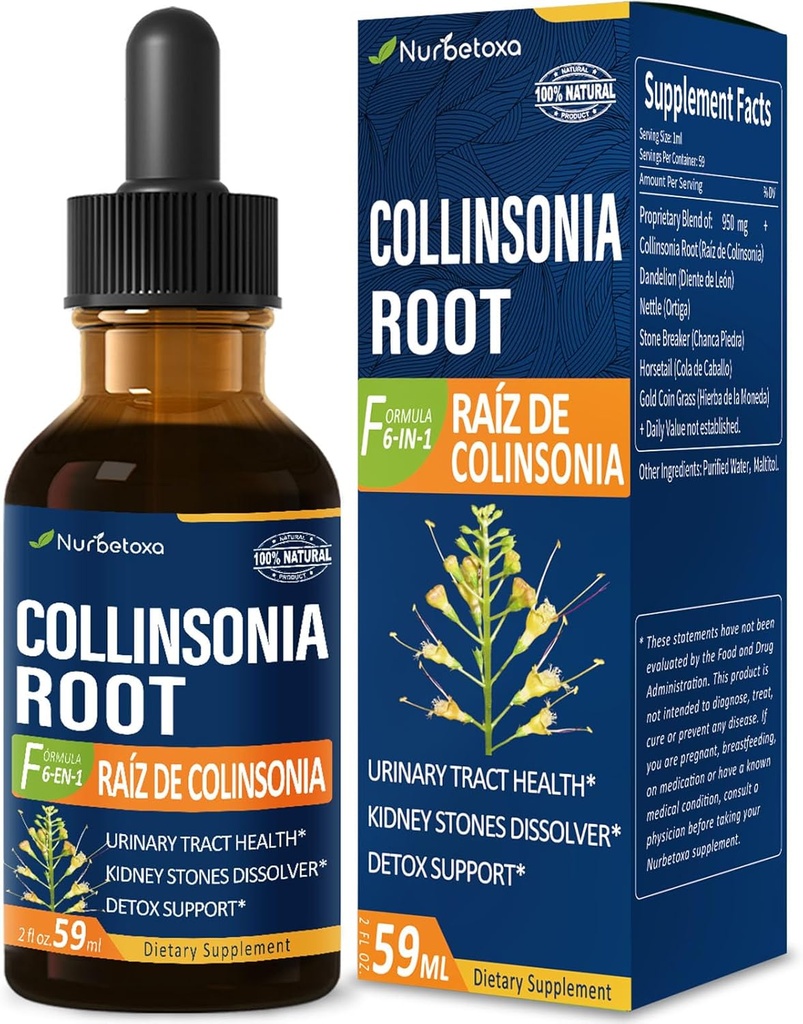 Collinsonia (Stone Root) gotas para la salud del tracto urinario, natural Herbal Fórmula Suplemento w/Stone Breaker Chanca Piedra Extract Support Kidney Stones Dissolver & Detox Cleanse. 2oz