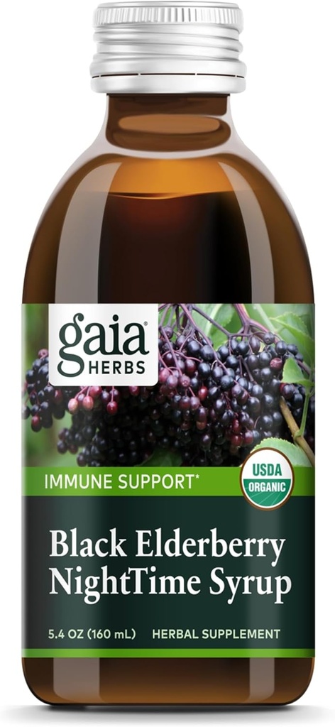 Gaia Herbs Black Elderberry, NightTime Syrup - Immune Support Suplemento - Con Elderberries Ecológicos Negros, California Poppy & Lemon Balm for Restful Sleep & Immune Defense - 5.4 Fl Oz (32-Day Supply)