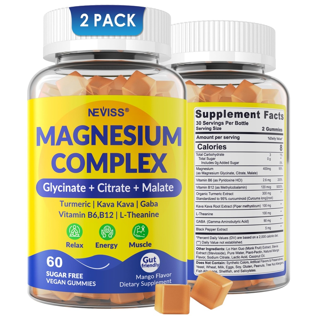 Magnesium Complex Gummies 400mg, Magneisum Glycinate Citrate Malate + Turmeric, GABA, B6 B12, Kava Kava, L-Theanine for Sleep, Calm, Relax, Energy, Magnesium Gummies for Women Men, Vegan, 2 Pack