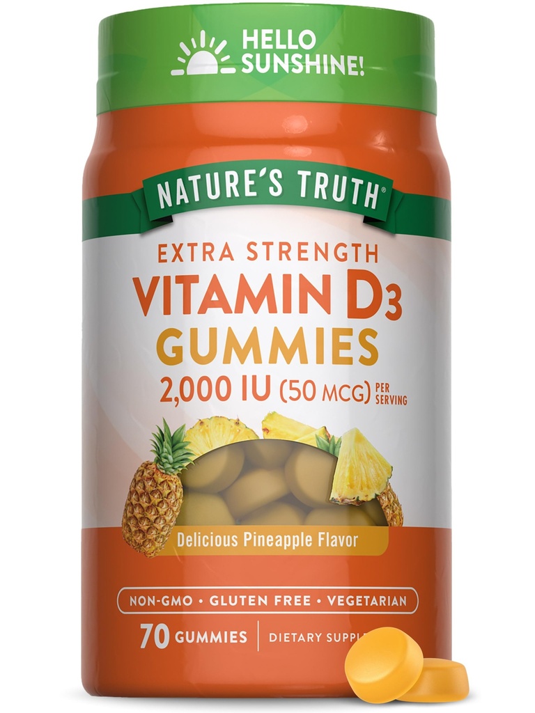 La verdad de la naturaleza Vitamina D3 Gummies ANTE 2000 UI TENIDO 70 Conde ANTE Pineapple Flavor TEN VENTA Vegetariano, No GMO y Gluten Suplemento Libre