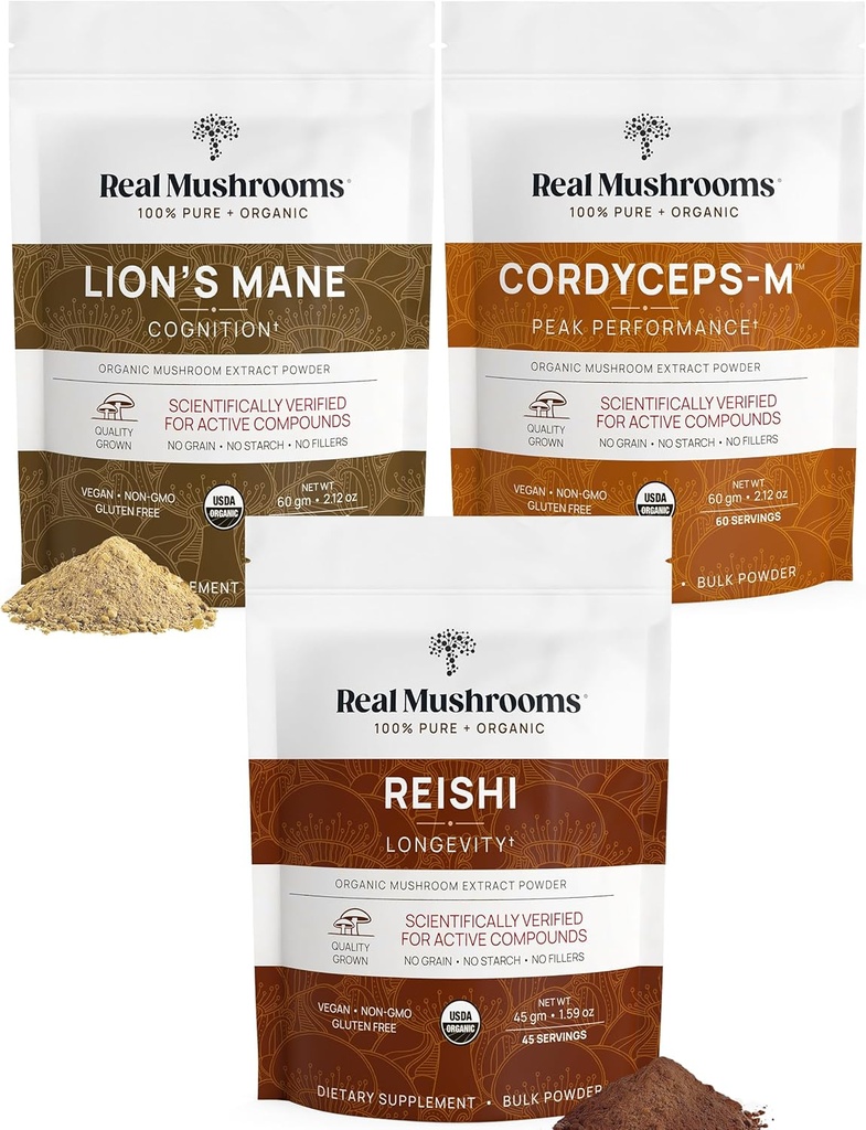 Setas reales Agrupo de rendimiento de pico - Mane de León + Reishi + Cordyceps-M Certified Organic Mushroom Powders for Vitality, Immunity & Longevity